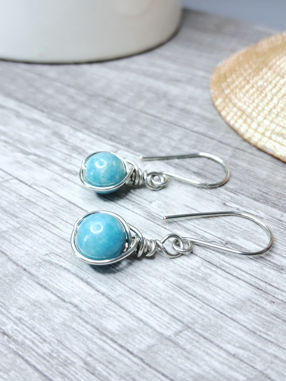 Larimar Gemstone Wire Wrapped Dangle Earrings